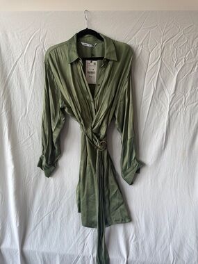Zara Olive Green Wrap Shirt Dress with Gold Buckle